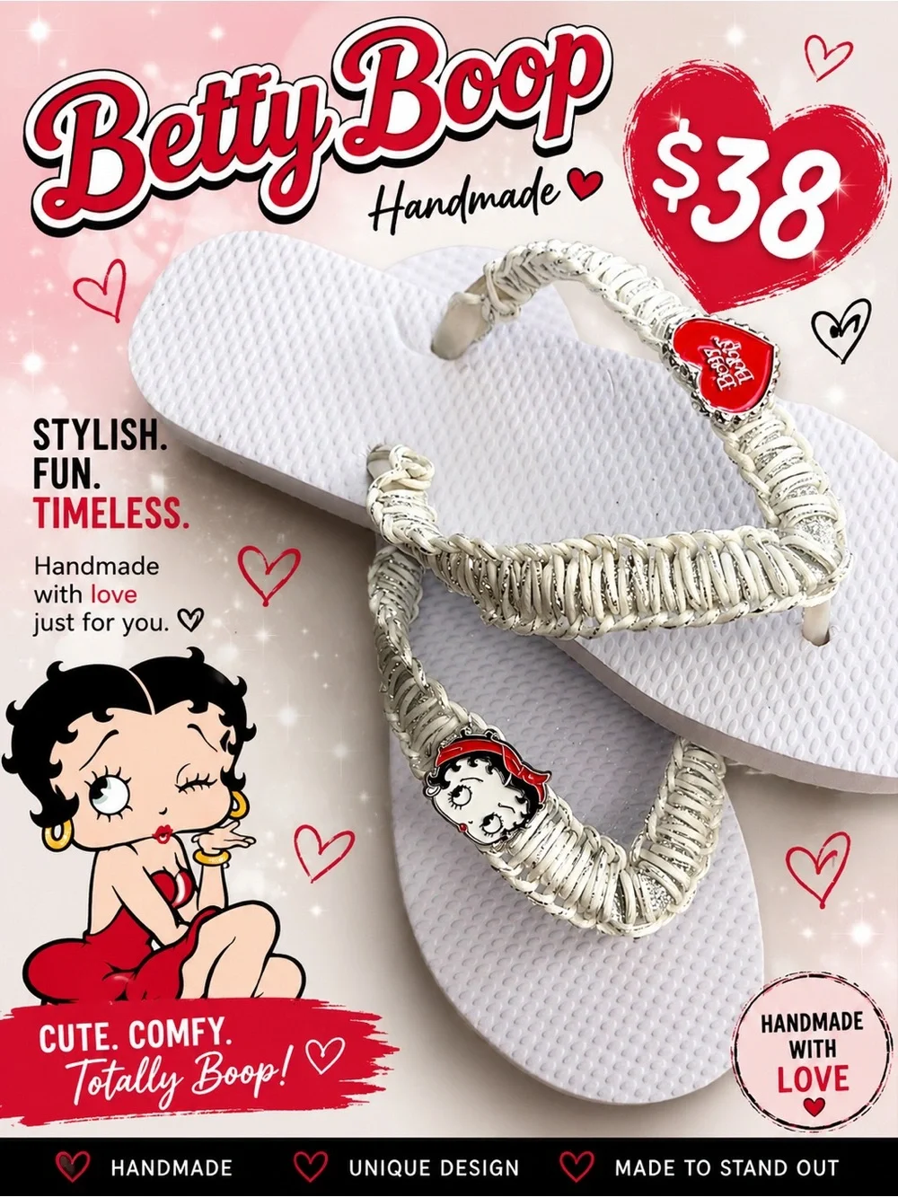 🩷. Betty Boop White Braided Strap Kids Flip Flops with Red Charm